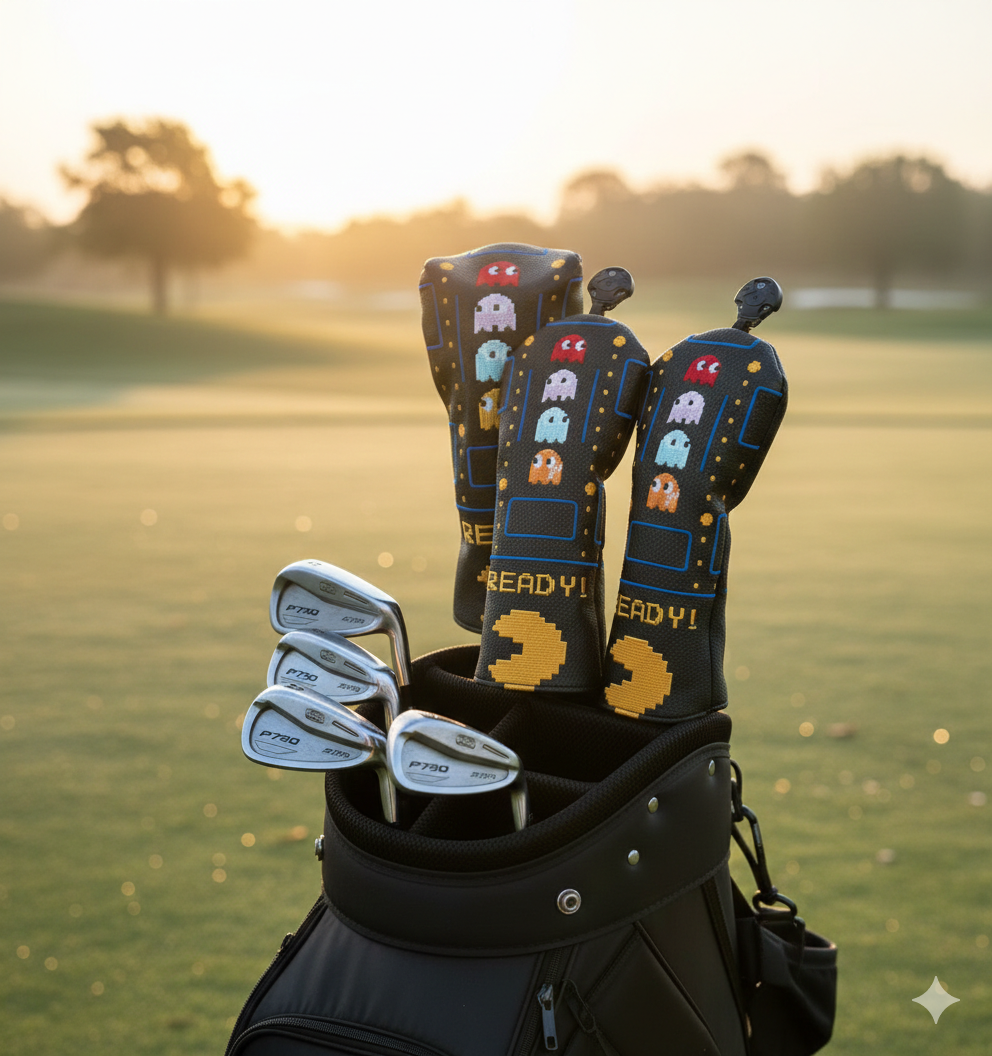 Close up of the READY! arcade headcovers with ghost detailing