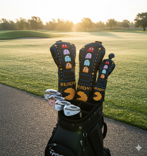 READY! arcade headcover set on driver, fairway and hybrid in a golf bag