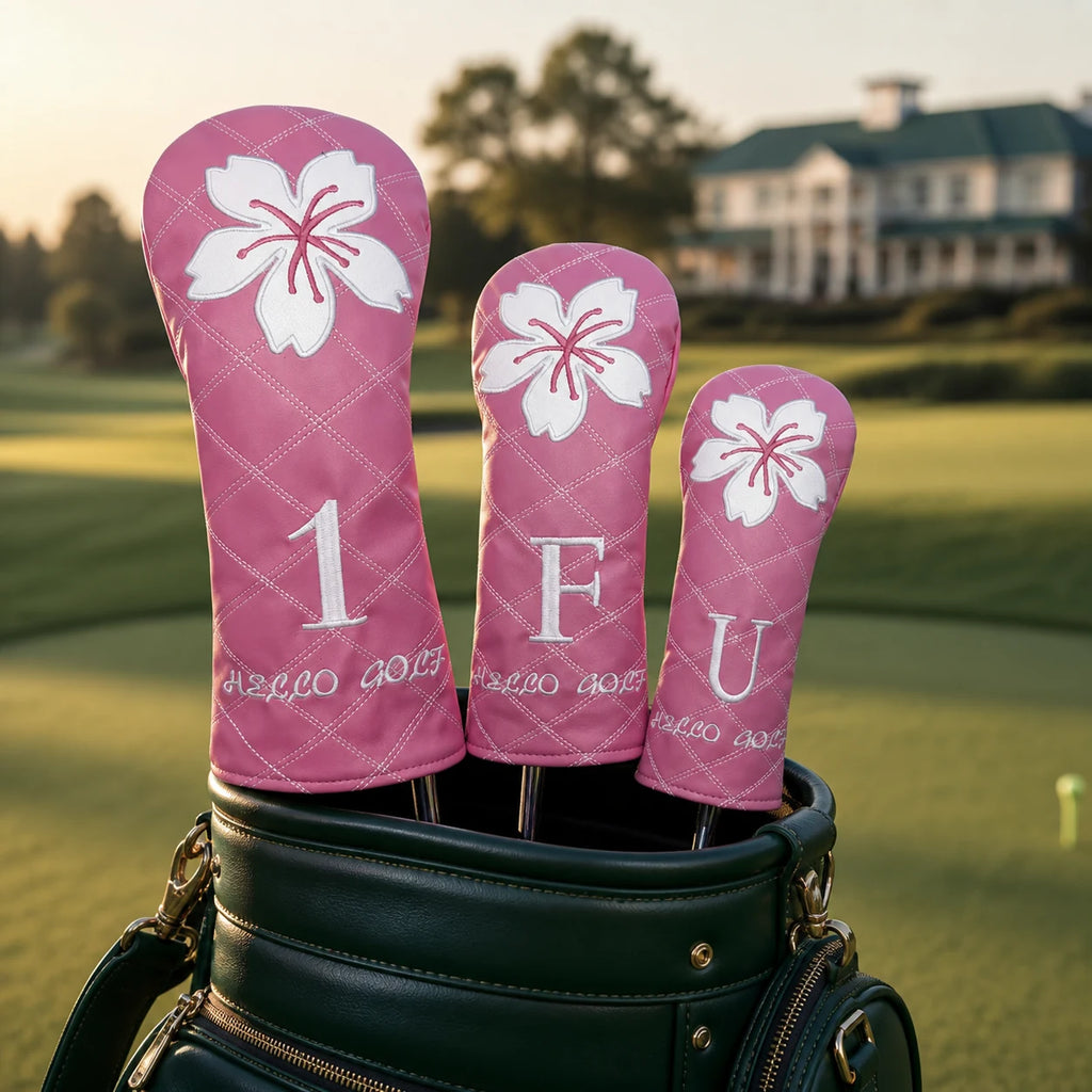 Pink Clover headcovers fitted in a golf bag